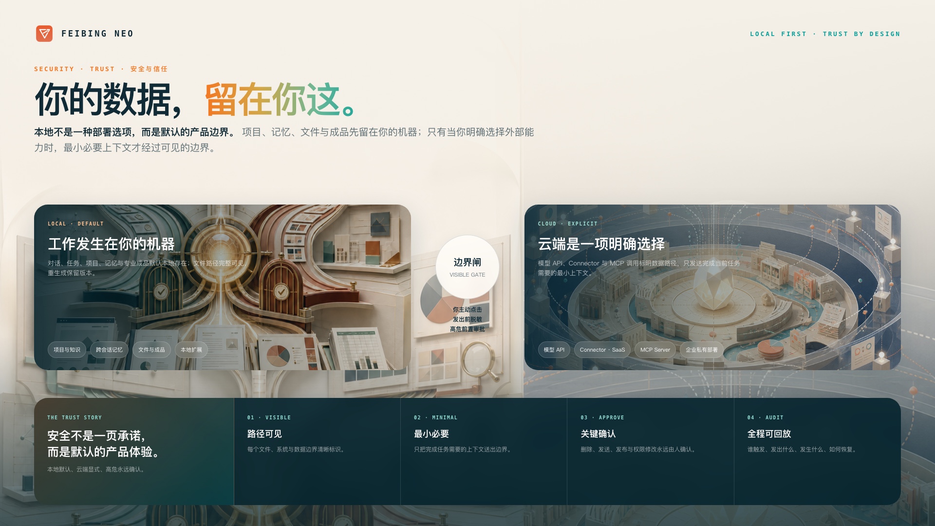 本地优先的安全产品故事：数据留在本地，跨越边界必须显式授权并全程留痕