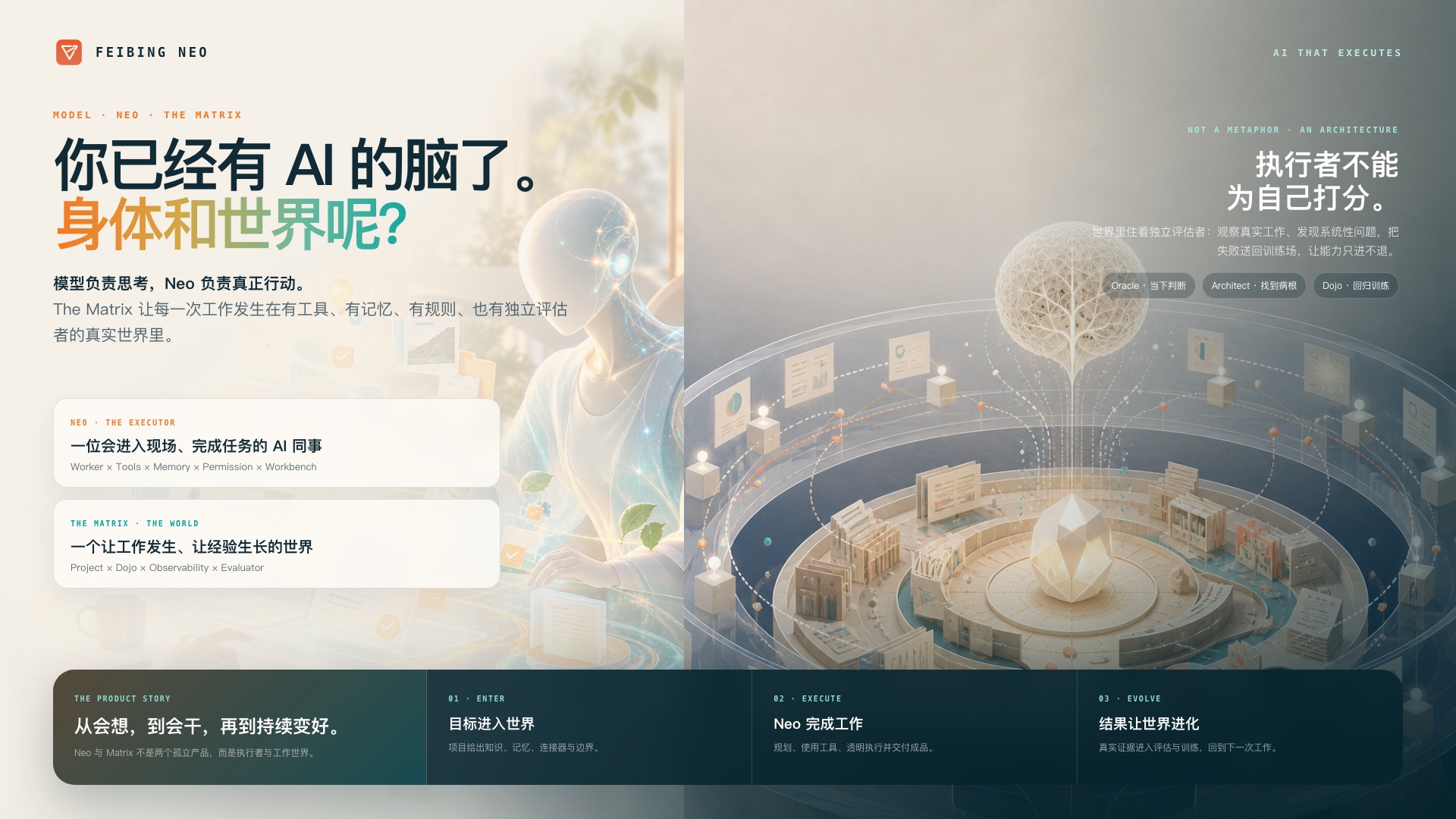 Feibing Neo 与 The Matrix 产品故事：Neo 是能干活的身体，Matrix 是持续成长的世界