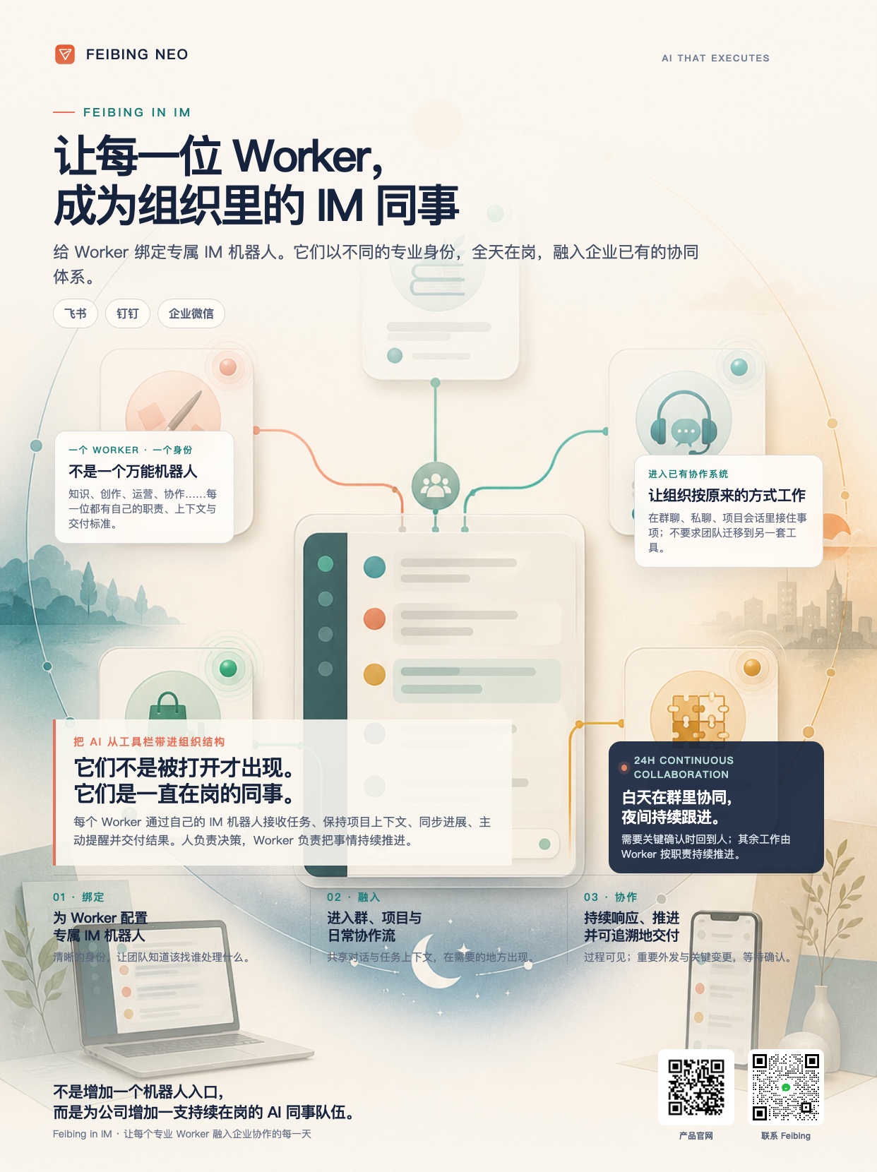 每位 Worker 绑定一个 IM 机器人，融入企业协作体系